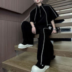 American Style Stand-up Collar Contrast Color T-shirt Zipper Wide-leg Trousers Two-piece Suit