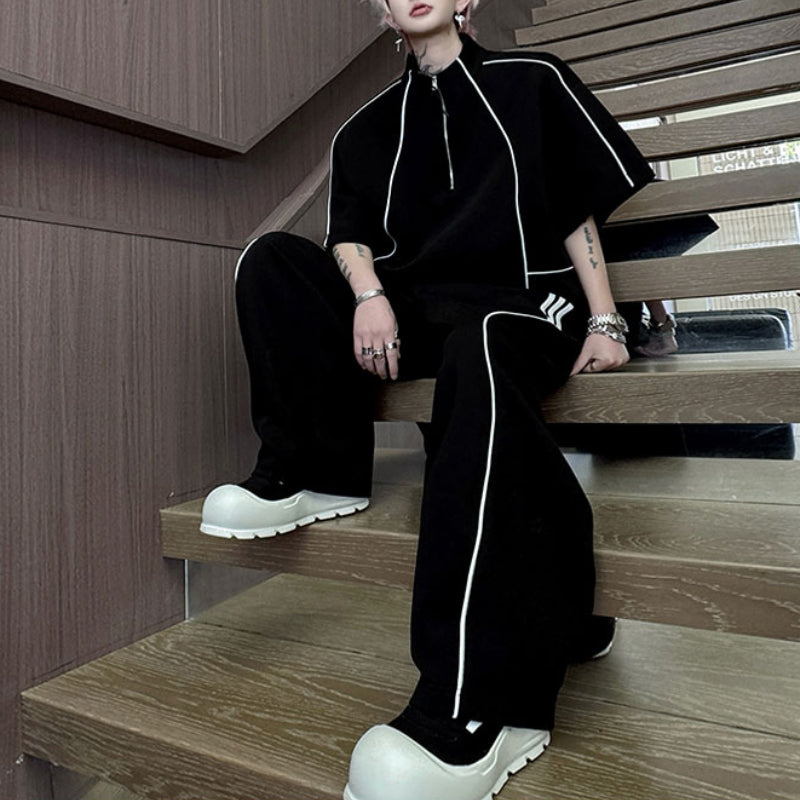 American Style Stand-up Collar Contrast Color T-shirt Zipper Wide-leg Trousers Two-piece Suit