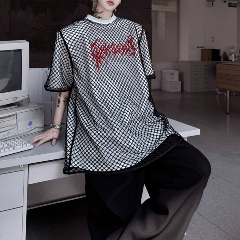 Mesh Fake Two-piece Letter Printed Patchwork T-shirt