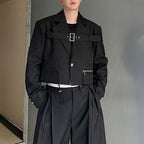 Deconstructed Lace-Up Cropped Blazer Contrast Leather Drawstring Wide-Leg Pants Two-Piece Set
