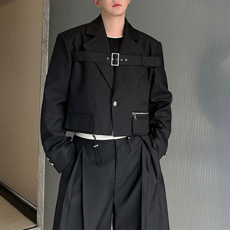 Deconstructed Lace-Up Cropped Blazer Contrast Leather Drawstring Wide-Leg Pants Two-Piece Set