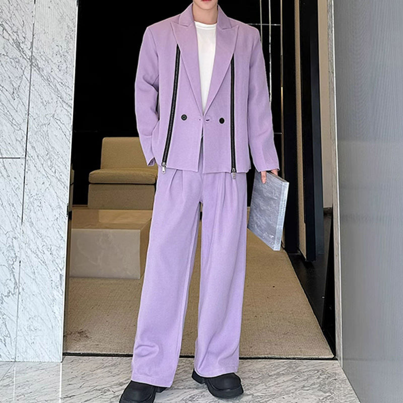 Double Zipper Deconstructed Shoulder Pad Suit Jacket and Trousers Two-piece Suit