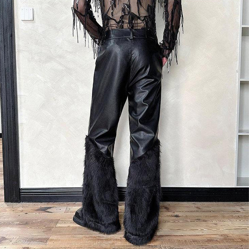 Artificial Fur Patchwork Wide-Leg Leather Pants