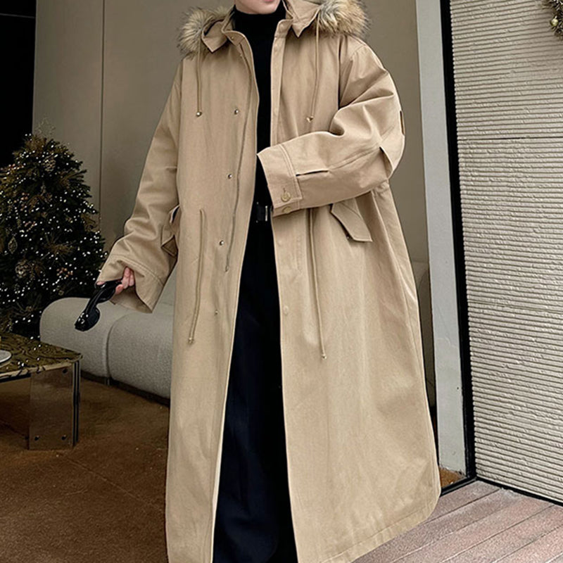 Winter Retro Fishtail Thick Warm Detachable Hood Long Windbreaker