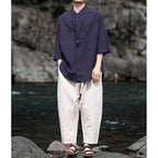 Cotton and Linen Jacquard Vintage Half Sleeve Shirt