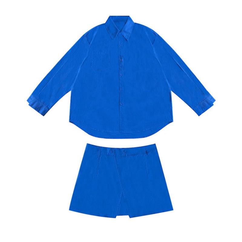 Two-piece Waist-revealing Blue Shirt