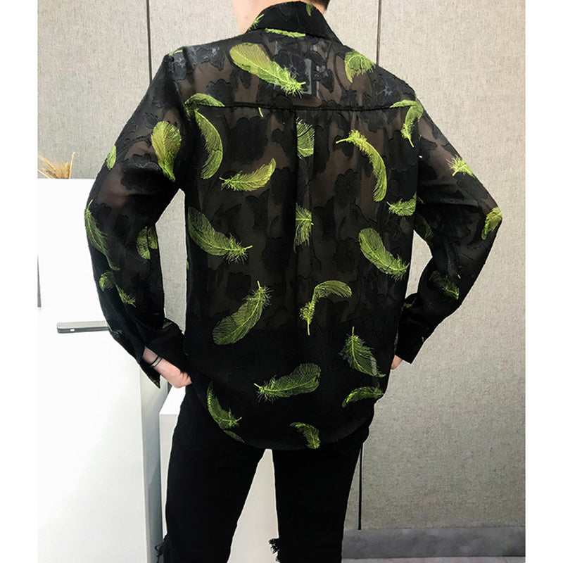 Irregular Cut-out Feather Print Casual Shirt