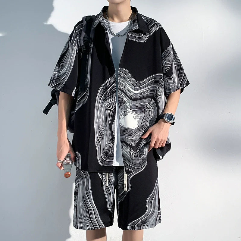 Summer Thin Ice Silk Drape Casual Shirt Loose Shorts Two-piece Set