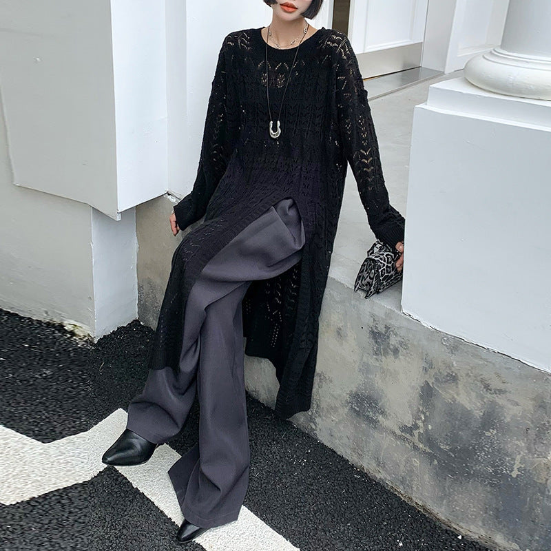 V-neck High Slit Hollow Knit Sweater