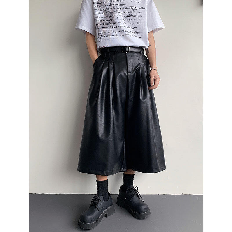 PU Leather Pleated Loose Wide-leg Cropped Trousers