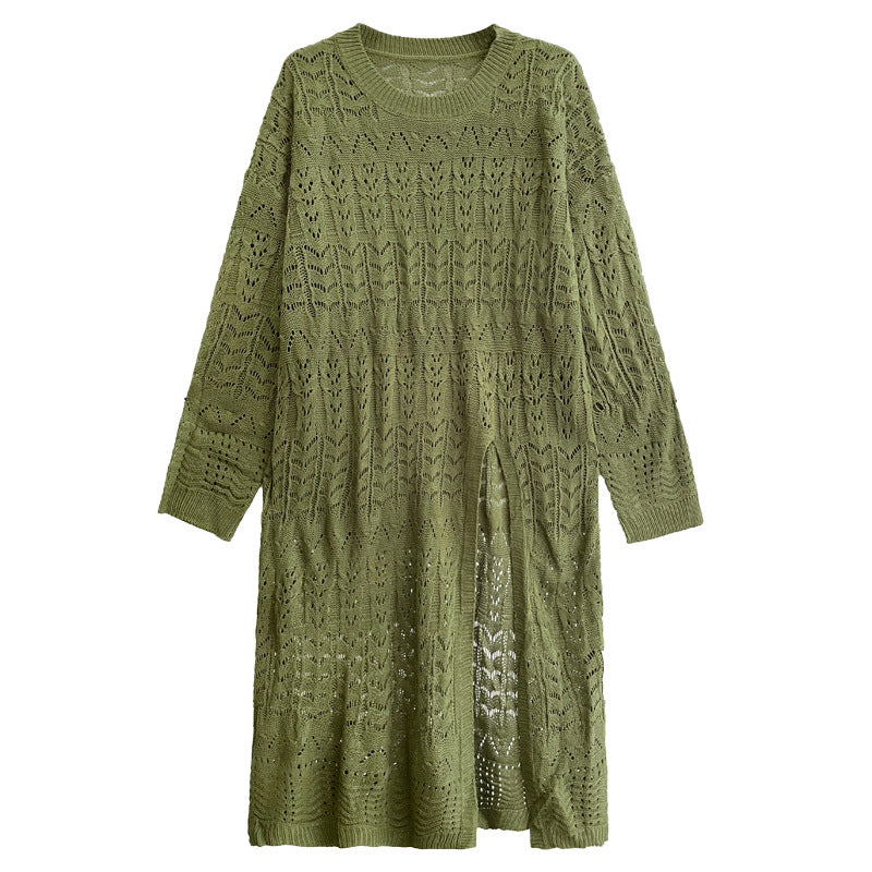 V-neck High Slit Hollow Knit Sweater