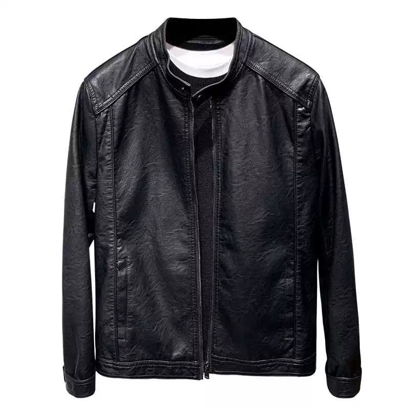 Slim-Fit Stand Collar Leather Jacket