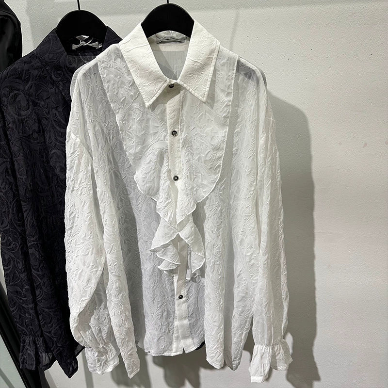 Vintage Pleated Embossed French Loose Hollow Breathable Shirt