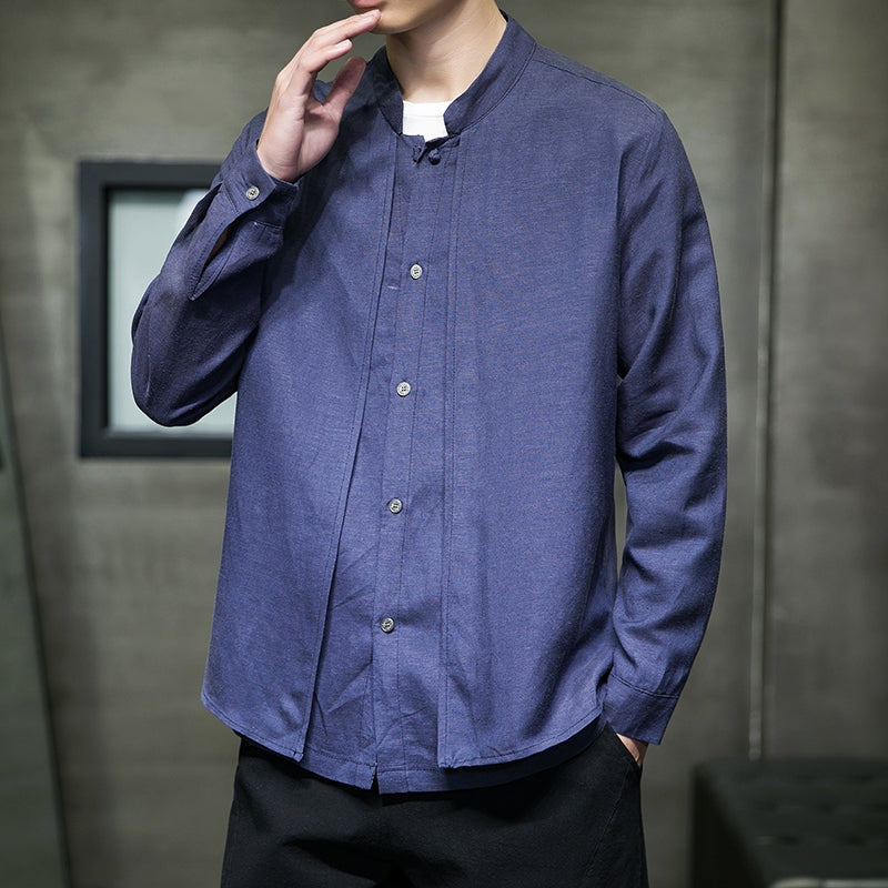 Cotton and Linen Stand Collar Shirt