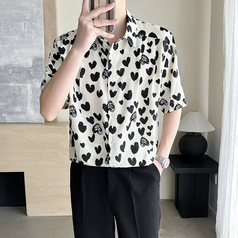 Ice Silk Loose Casual Heart Print Shirt