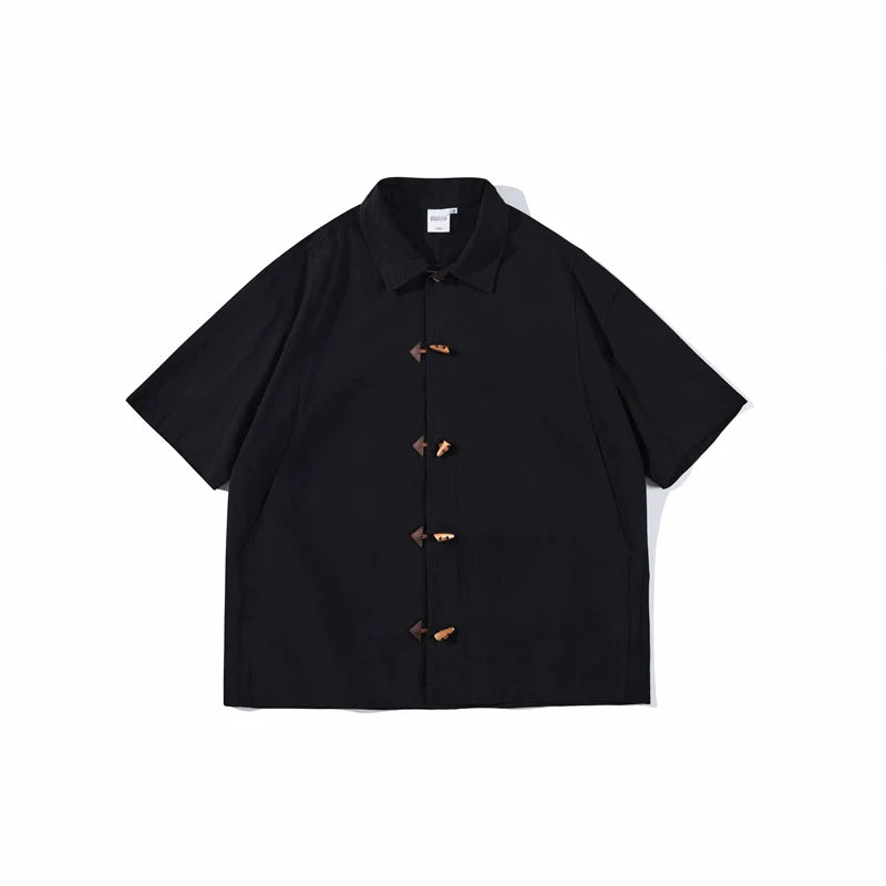Cotton Japanese Retro Wooden Horn Button Shirt