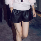 Leather A-line Elastic High Waist Loose Slim Wide Leg Shorts