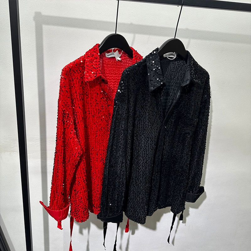 Irregular Design Sequined Lace-up Shirt