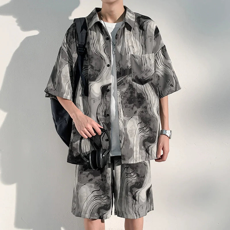 Summer Thin Ice Silk Drape Casual Shirt Loose Shorts Two-piece Set
