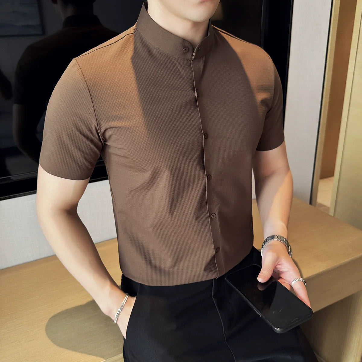 Summer Stand Collar Ice Silk Casual Waffle Shirt