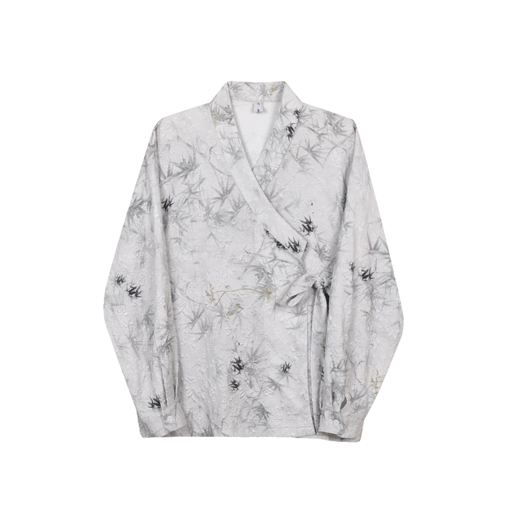 Vintage Collarless Long-sleeved Shirt with Irregular Jacquard Bindings