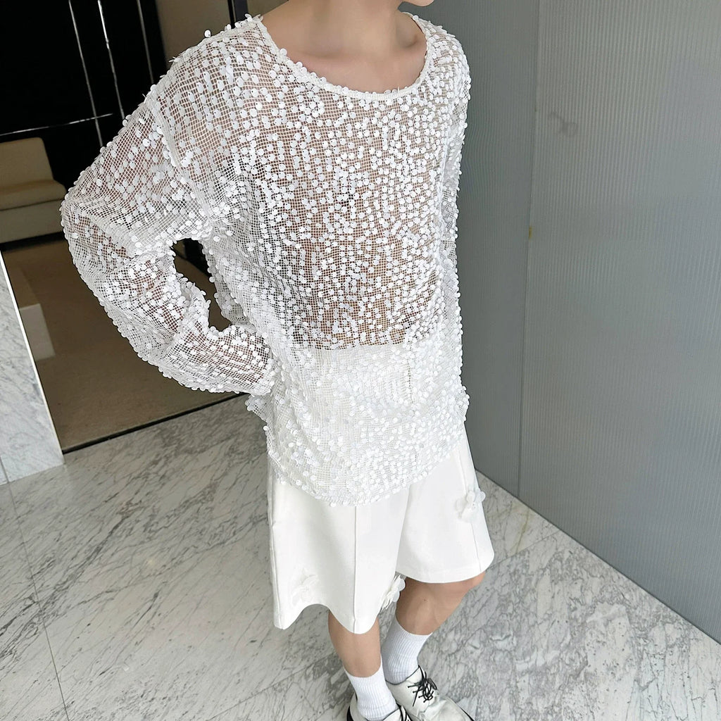 Hollow Sequin Mesh Pullover T-shirt