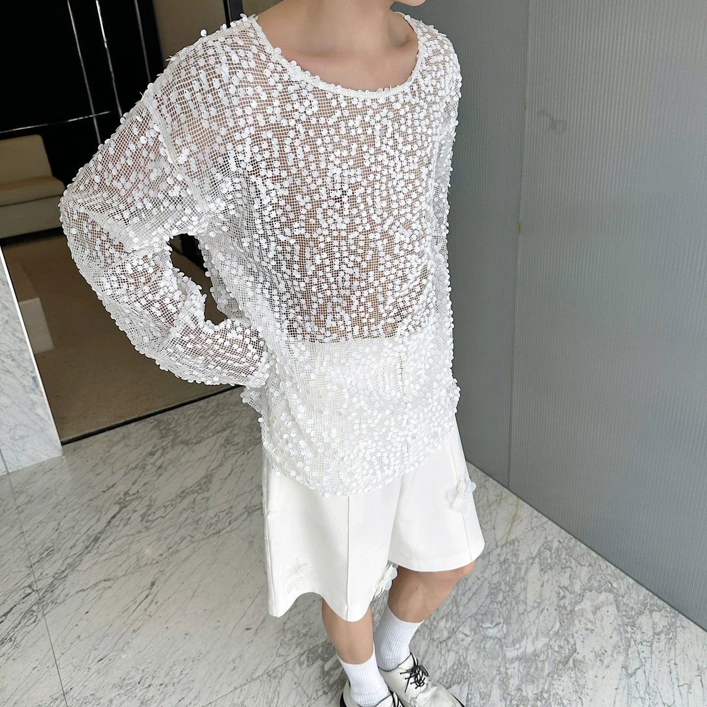 Hollow Sequin Mesh Pullover T-shirt