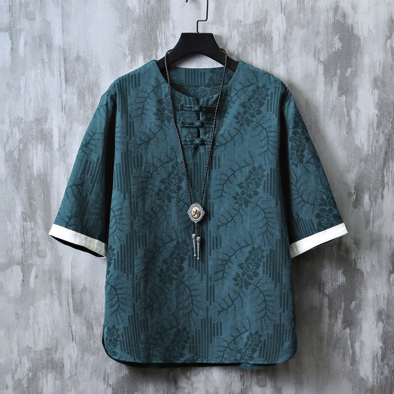 Round Neck Jacquard Short Sleeve Shirt