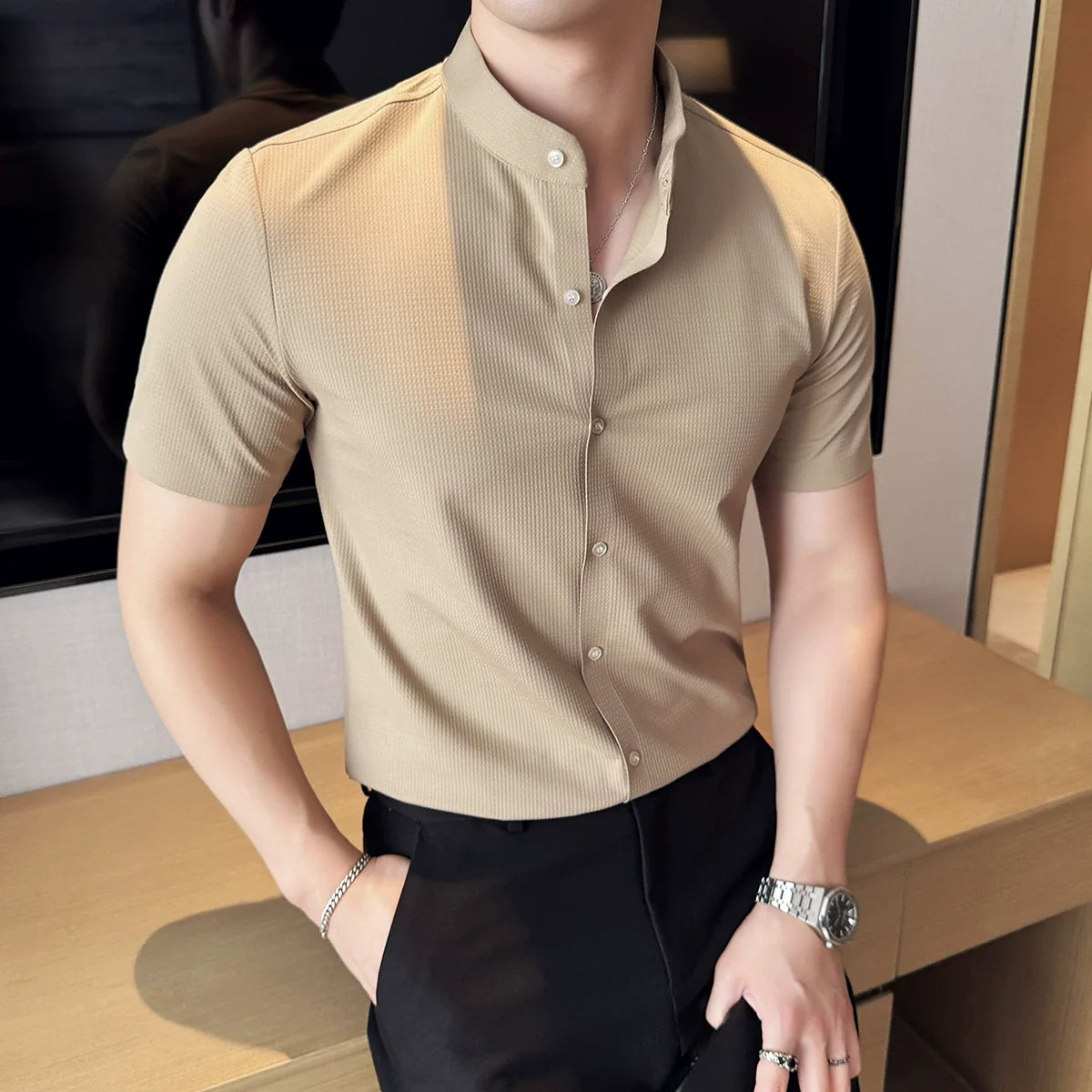 Summer Stand Collar Ice Silk Casual Waffle Shirt