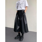 PU Leather Pleated Loose Wide-leg Cropped Trousers