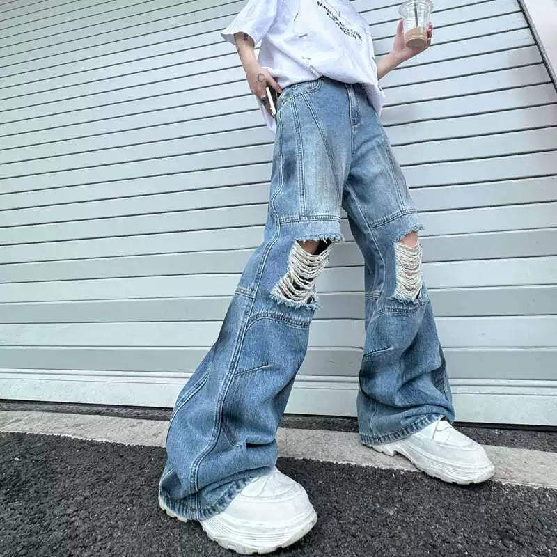 Ripped Denim Straight Vintage Patchwork Wide-leg Pants