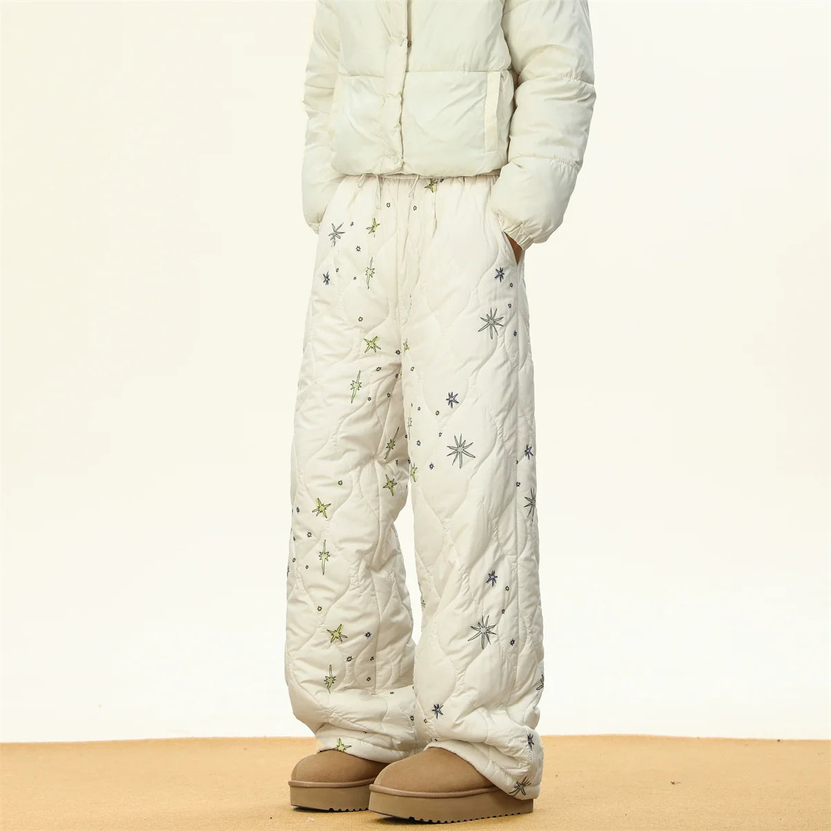 Star Diamond Pattern Cotton Plus Velvet Thick Straight Pants