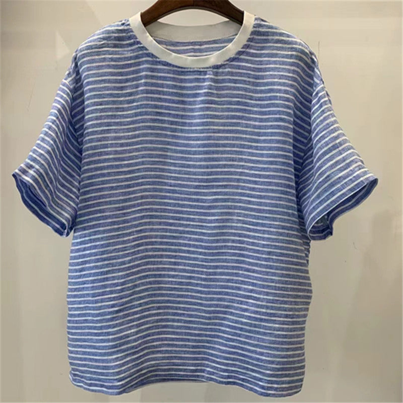 Japanese Striped Linen Loose Round Neck T-shirt