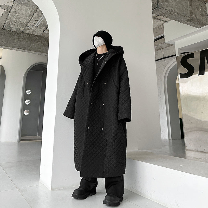 Dark Lightweight Rhombus Hooded Over-the-knee Cotton Jacket