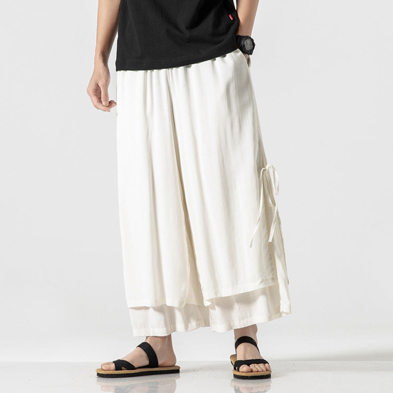 Japanese Style Cotton and Linen Side Strap Two-piece Culottes