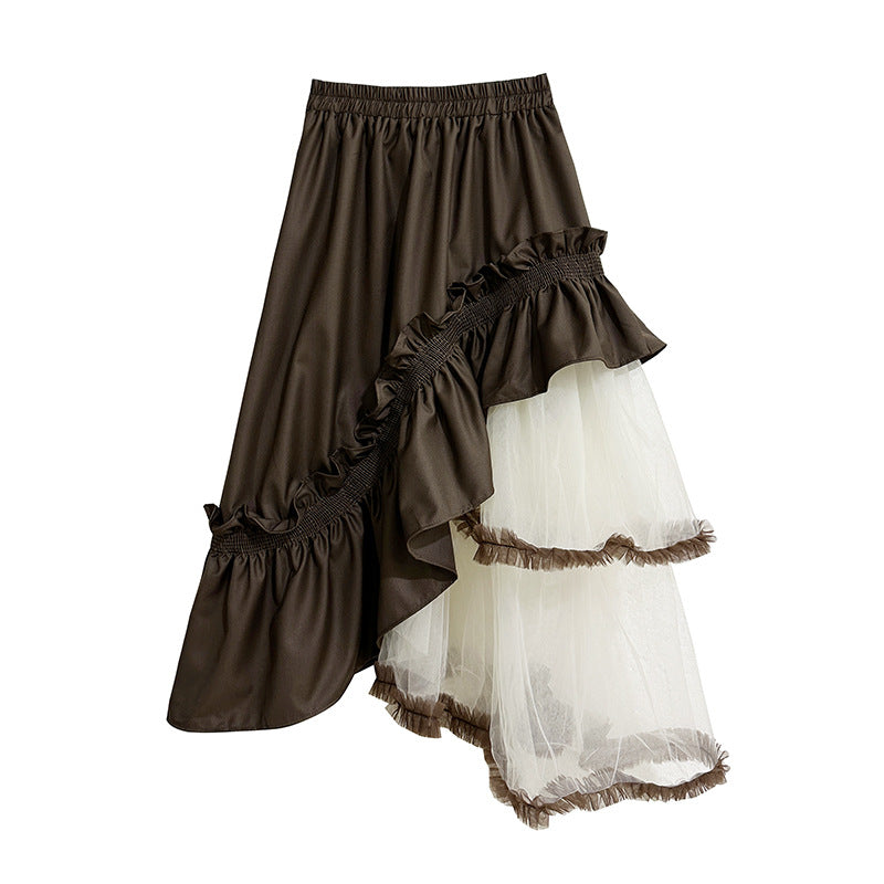 Contrast Color Panel Ruffled Mesh Skirt