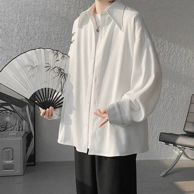 Retro Long Sleeve Solid Color Casual Shirt