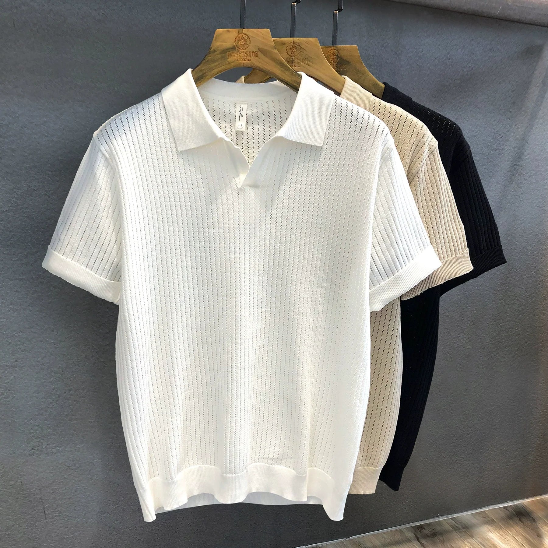 Ice Silk Hollow Pattern Knitted Lapel Polo Shirt