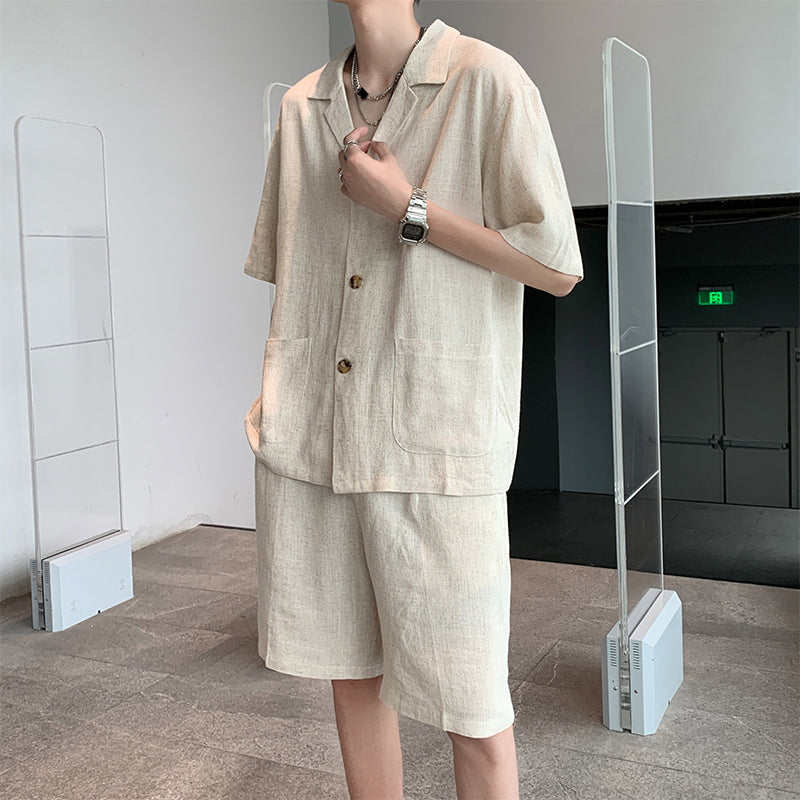 Vintage Cotton Linen Shirt Shorts Two-Piece Set