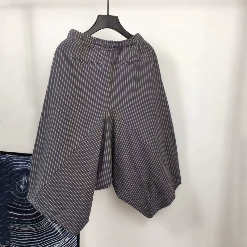 Loose Cotton and Linen Striped Drop Crotch Harem Pants