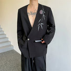 Large V-neck Bamboo Leaf Print Casual Suit Jacket