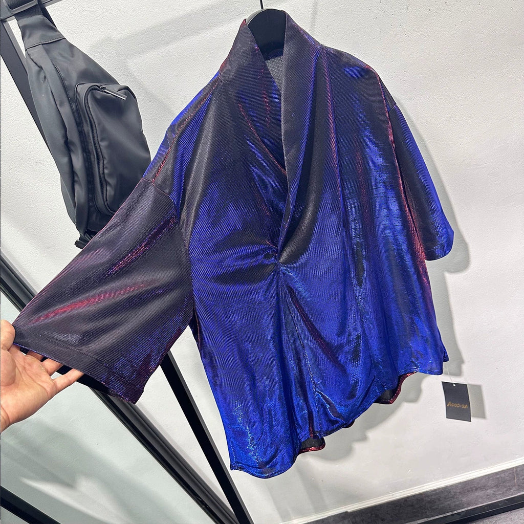 V-neck Ice Silk Loose Casual Shiny T-shirt