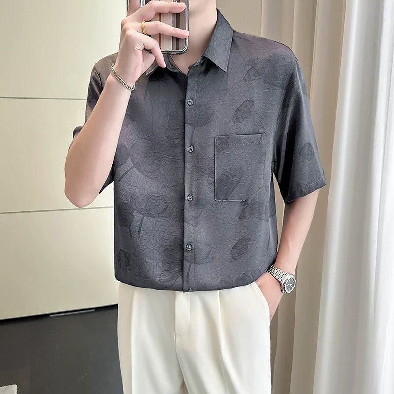 Ice Silk Drape Lapel Floral Shirt