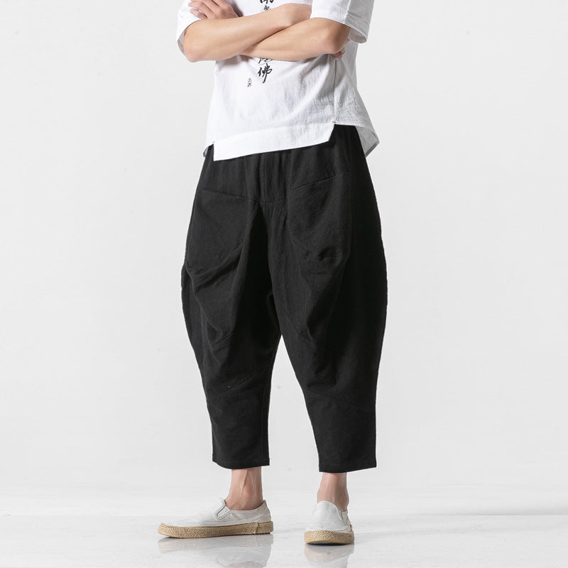 Cotton and Linen Cuffed Wide Leg Harem Pants
