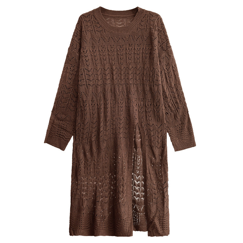 V-neck High Slit Hollow Knit Sweater