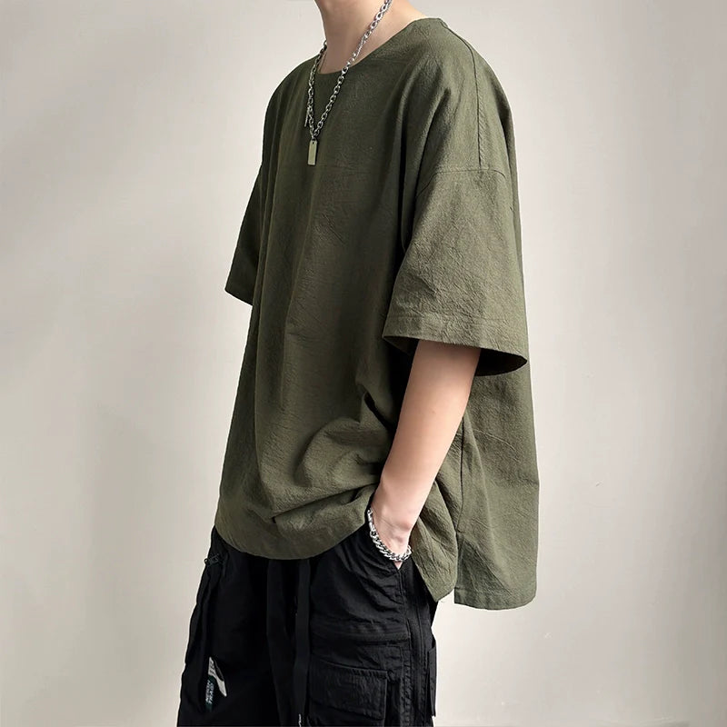 Japanese Loose Large Collar Cotton and Linen T-shirt