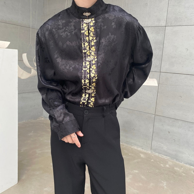 Vintage Jacquard Stand Collar Long Sleeve Shirt