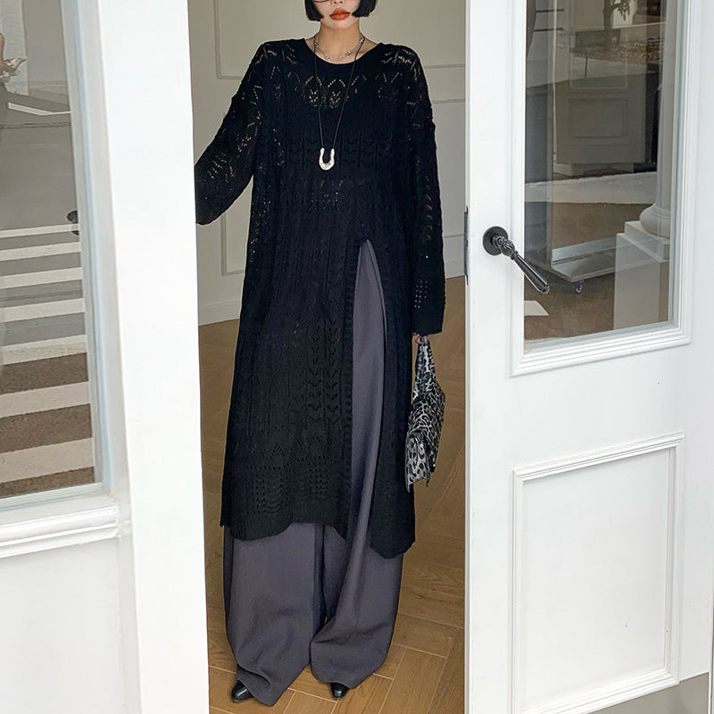 V-neck High Slit Hollow Knit Sweater