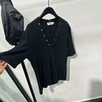 Button V-neck Slim Short T-shirt