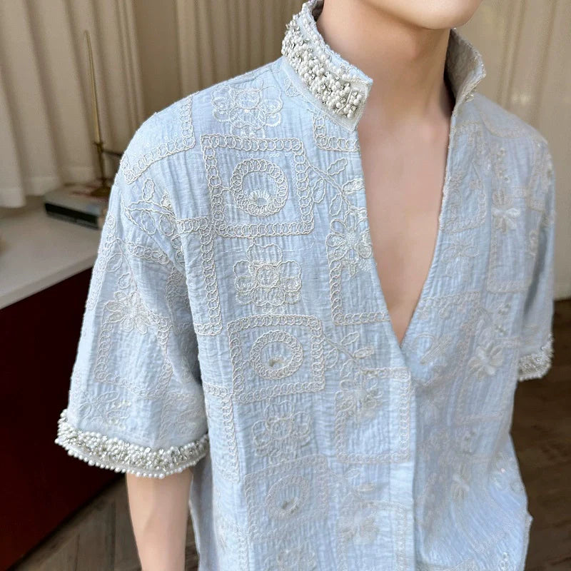 Stand Collar Embroidered Rhinestone V-neck Shirt